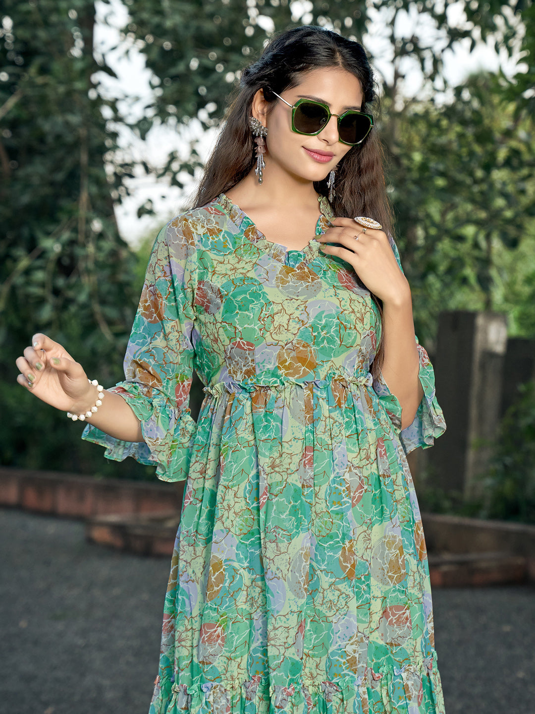 Teal Green Floral Printed V-Neck Dress