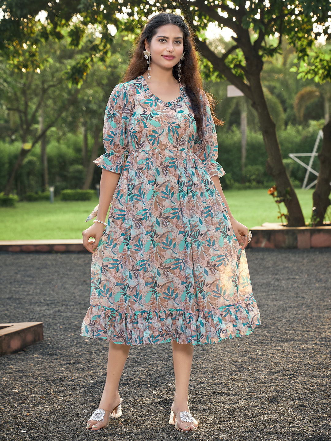 Orange Blue Leaf Printed Flared Dress