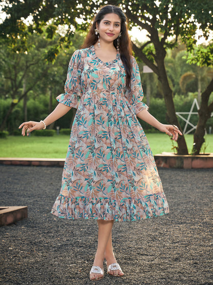 Orange Blue Leaf Printed Flared Dress