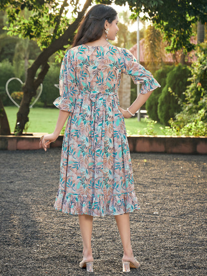 Orange Blue Leaf Printed Flared Dress