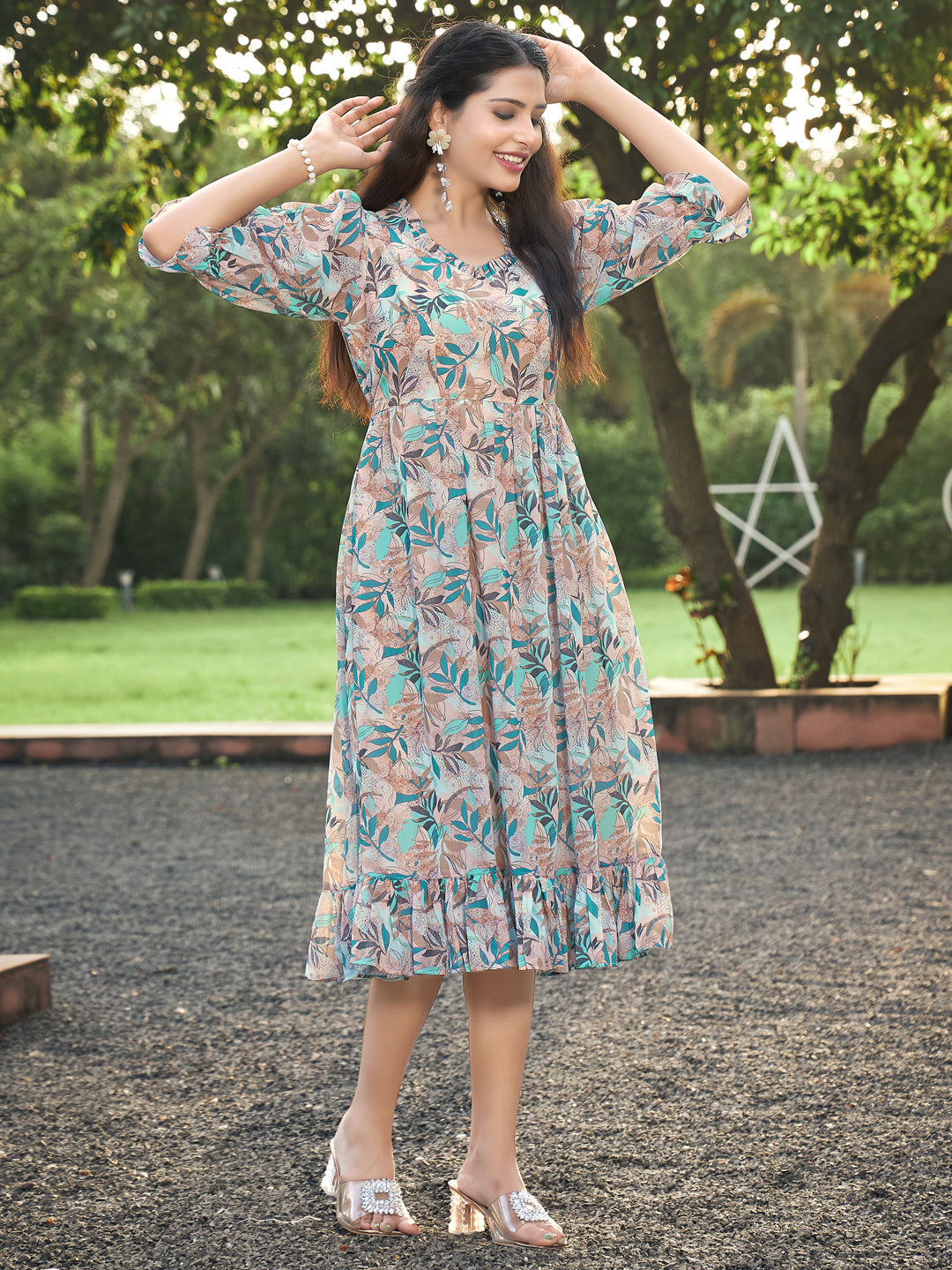 Orange Blue Leaf Printed Flared Dress