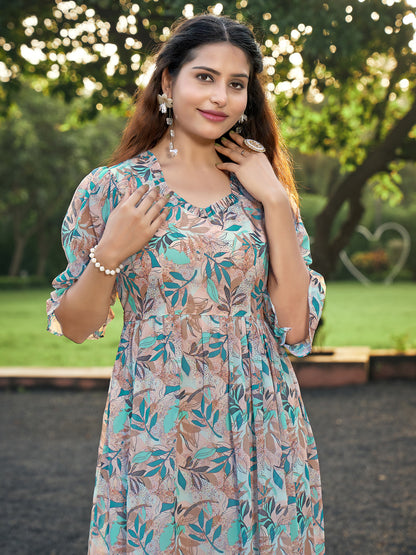 Orange Blue Leaf Printed Flared Dress