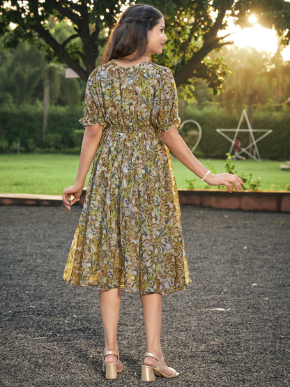 Green Leaf Printed Notch Neck Dress