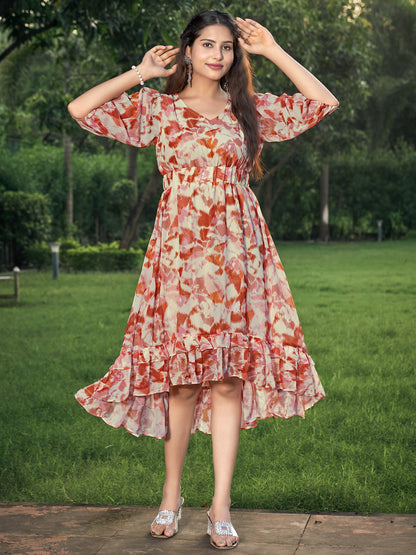 Beige Printed Flared Georgette V-Neck Dress