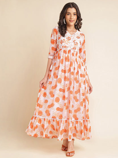 Orange Printed & Embroidered Flared Georgette V-Neck Gown