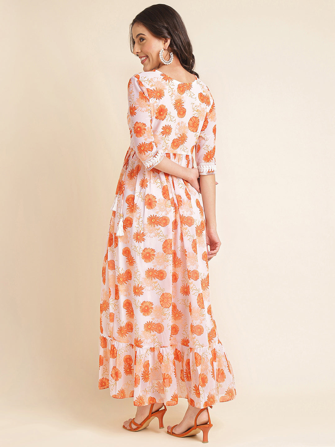 Orange Printed & Embroidered Flared Georgette V-Neck Gown