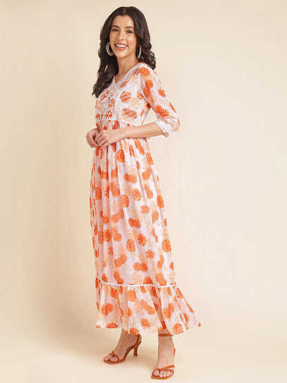 Orange Printed & Embroidered Flared Georgette V-Neck Gown