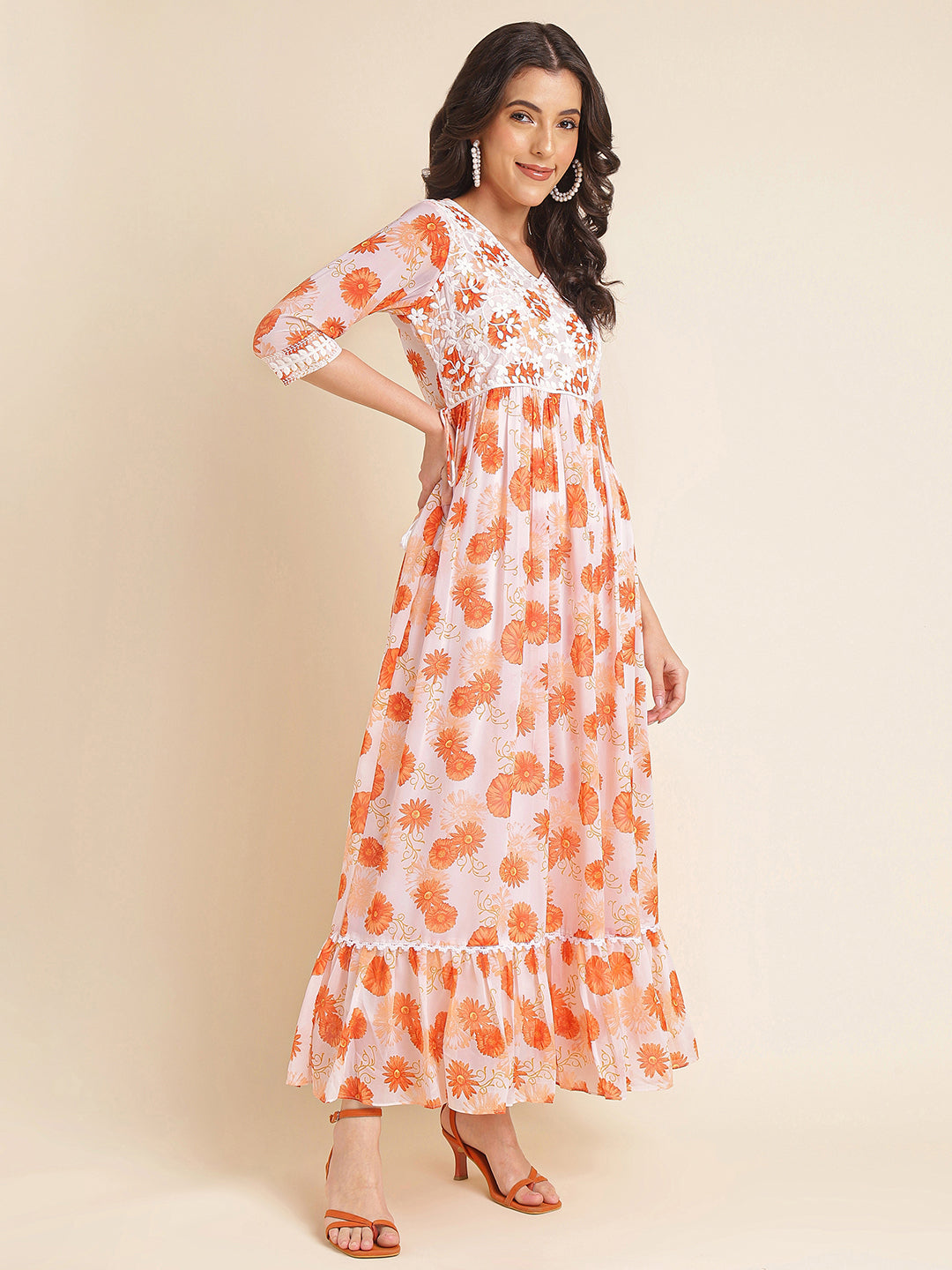 Orange Printed & Embroidered Flared Georgette V-Neck Gown