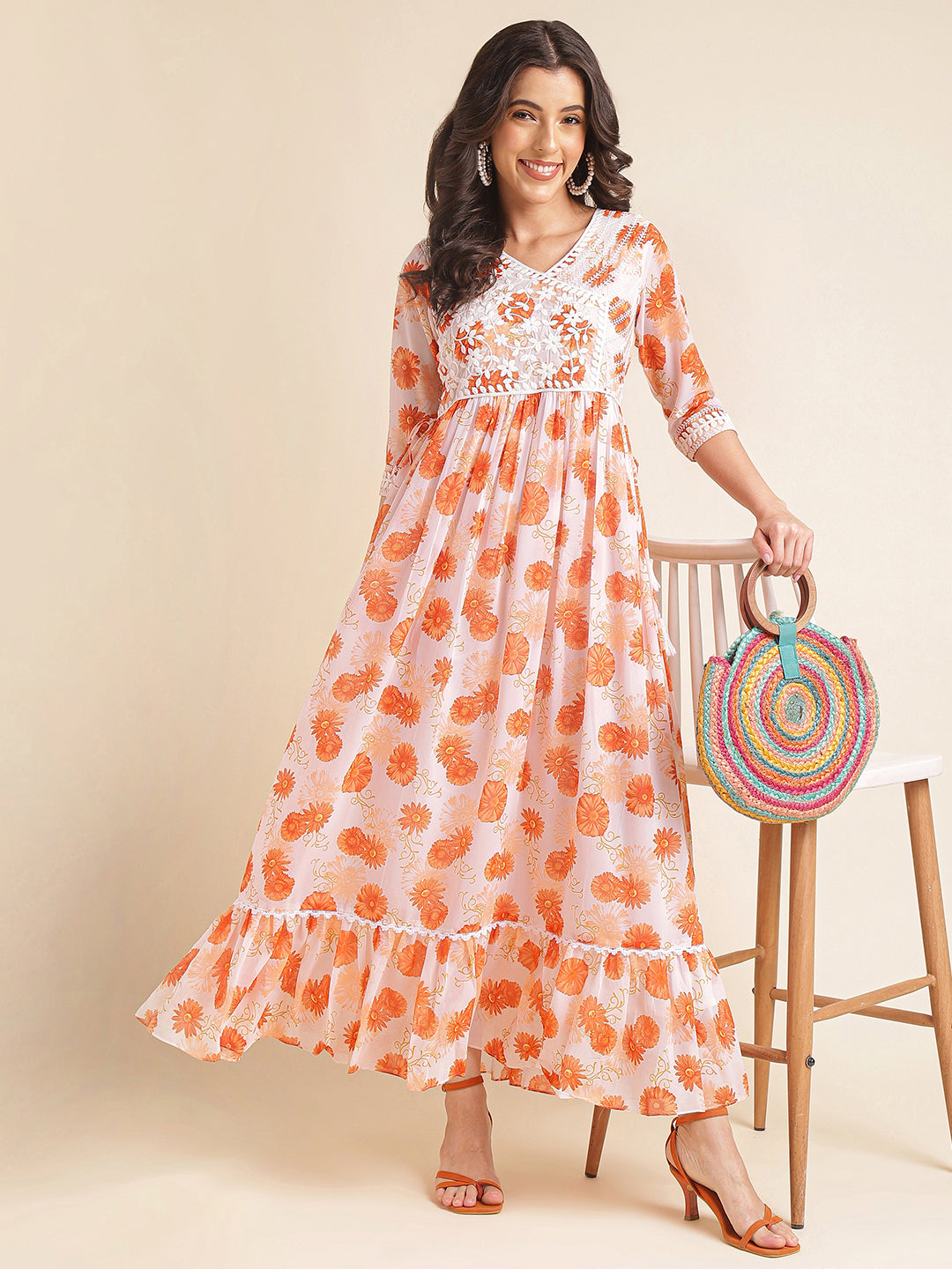 Orange Printed & Embroidered Flared Georgette V-Neck Gown