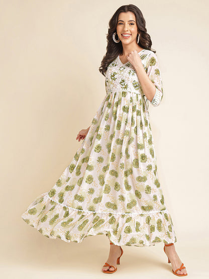 Green Printed & Embroidered Flared Georgette V-Neck Gown