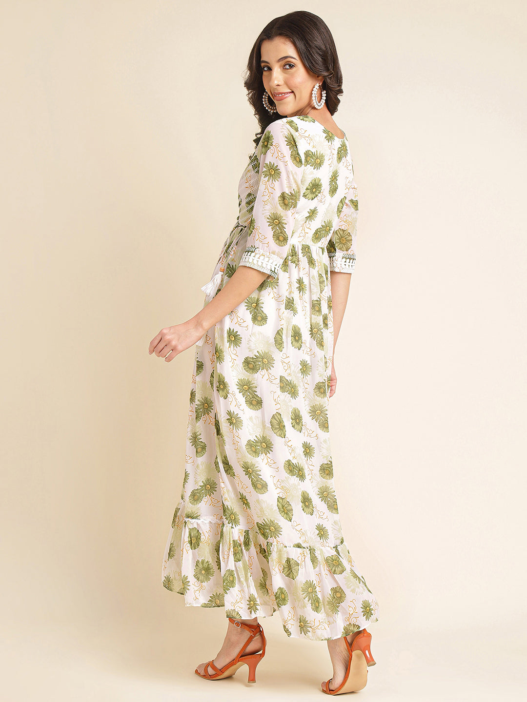 Green Printed & Embroidered Flared Georgette V-Neck Gown