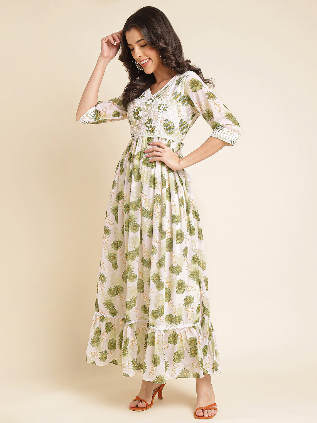 Green Printed & Embroidered Flared Georgette V-Neck Gown