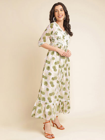 Green Printed & Embroidered Flared Georgette V-Neck Gown