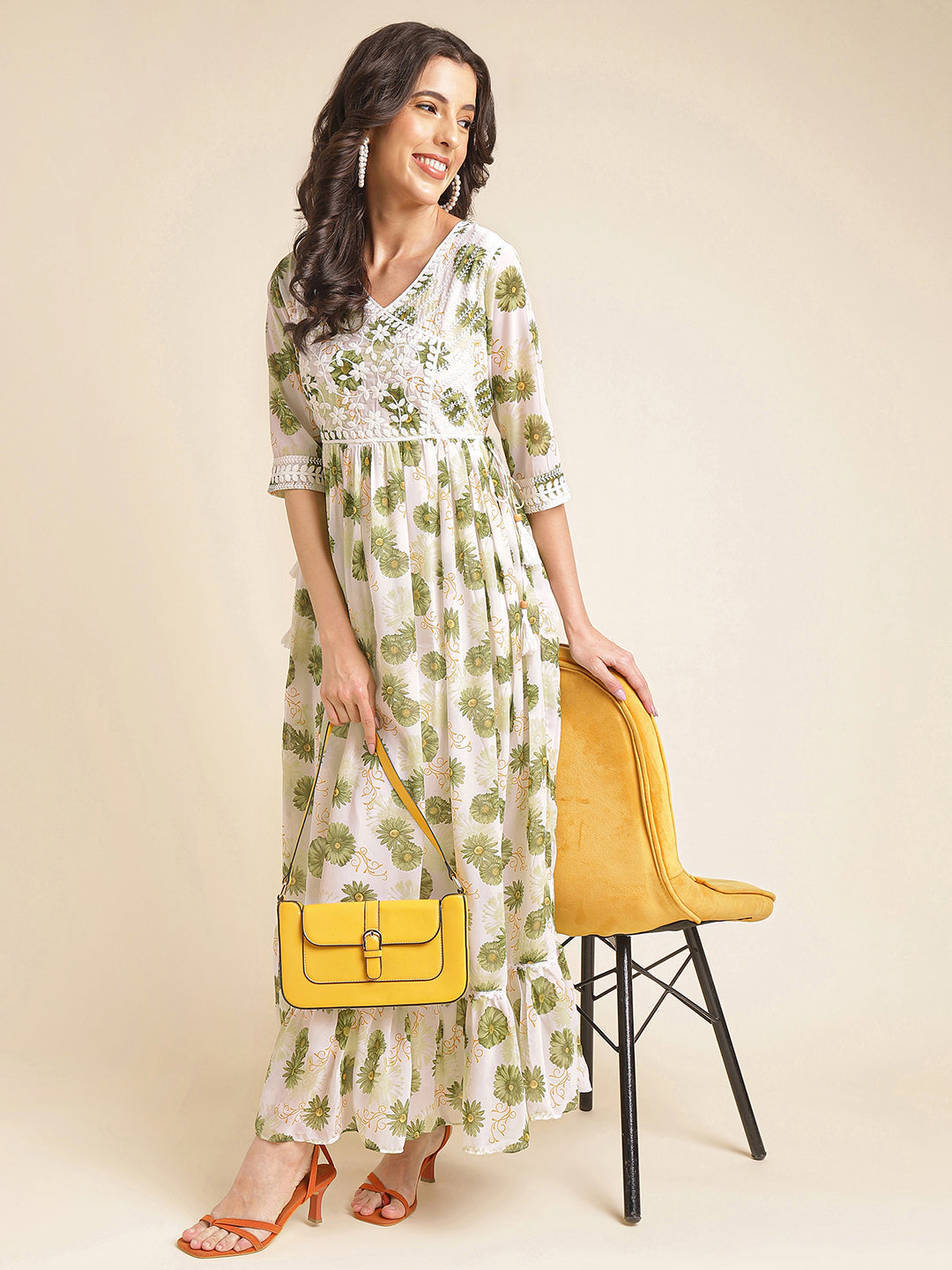 Green Printed & Embroidered Flared Georgette V-Neck Gown