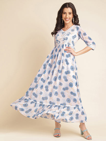 Blue Printed & Embroidered Flared Georgette V-Neck Gown