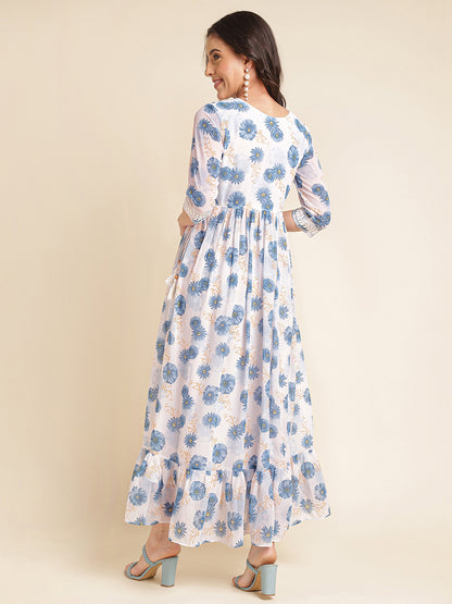 Blue Printed & Embroidered Flared Georgette V-Neck Gown