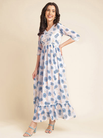 Blue Printed & Embroidered Flared Georgette V-Neck Gown