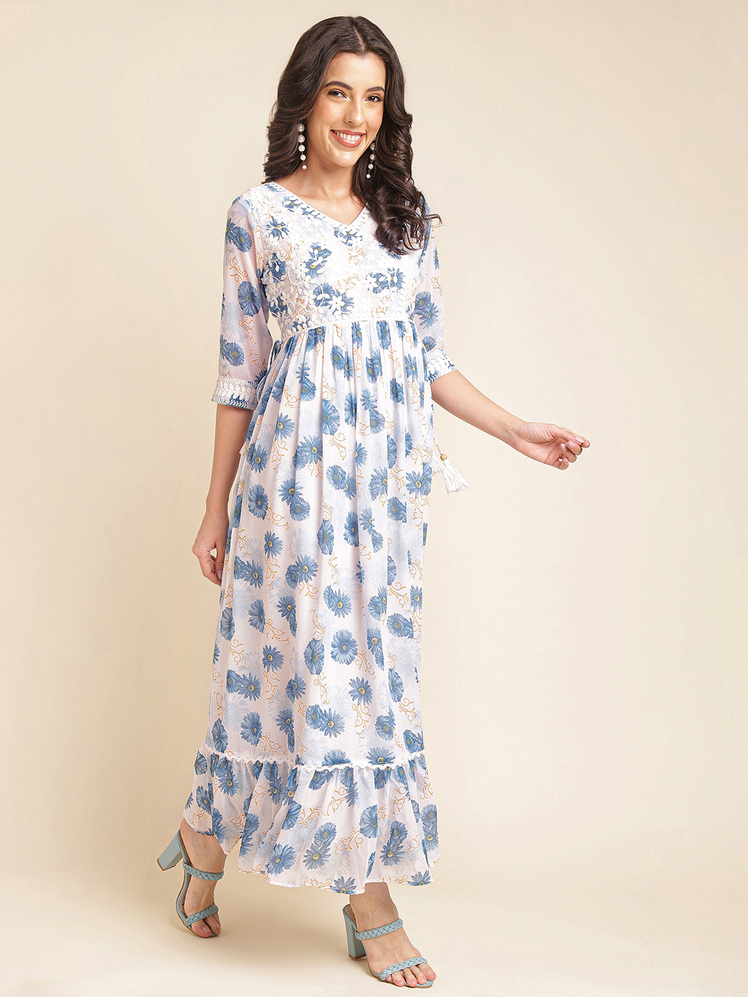 Blue Printed & Embroidered Flared Georgette V-Neck Gown