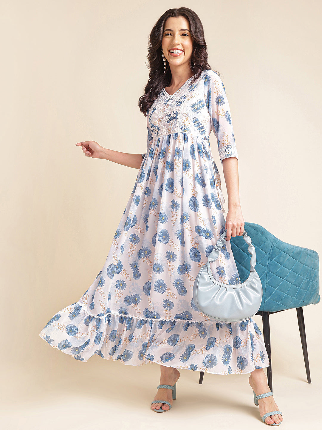 Blue Printed & Embroidered Flared Georgette V-Neck Gown