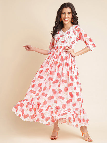 Red Printed & Embroidered Flared Georgette V-Neck Gown