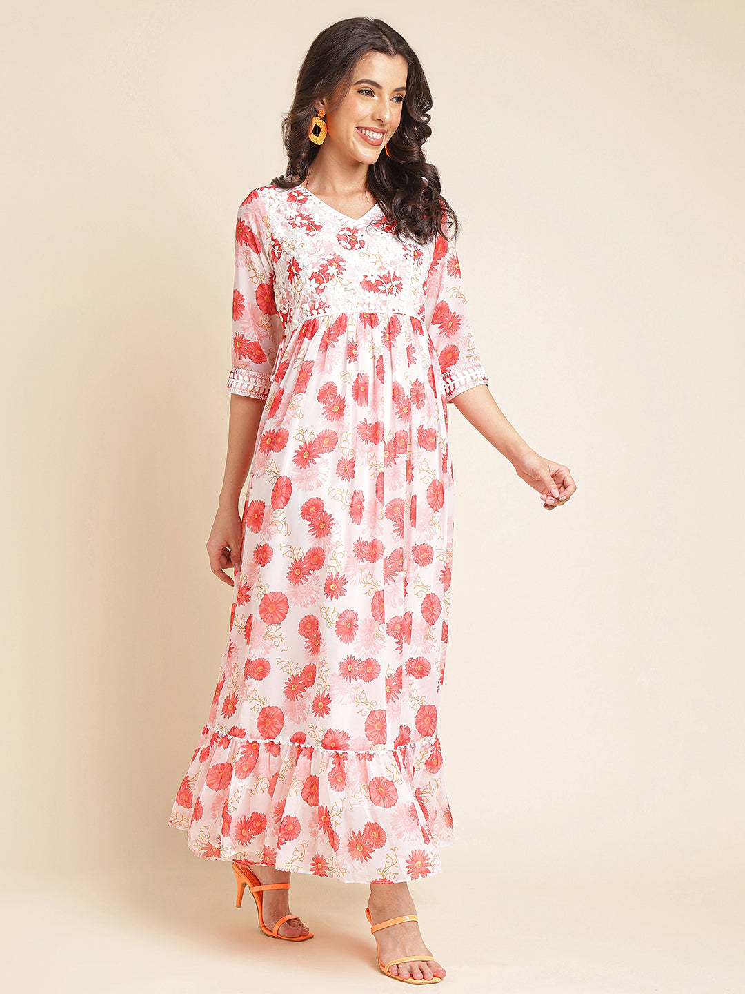 Red Printed & Embroidered Flared Georgette V-Neck Gown