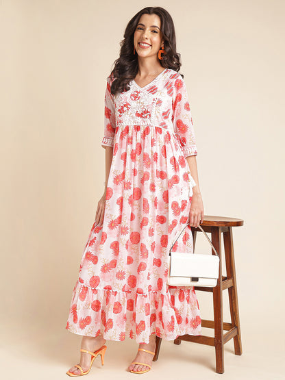 Red Printed & Embroidered Flared Georgette V-Neck Gown