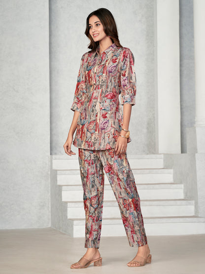 Magenta Red Floral Printed Muslin V-Neck Co-ord Set