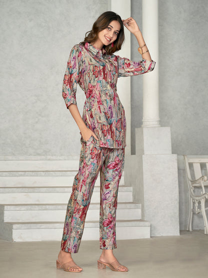 Magenta Red Floral Printed Muslin V-Neck Co-ord Set