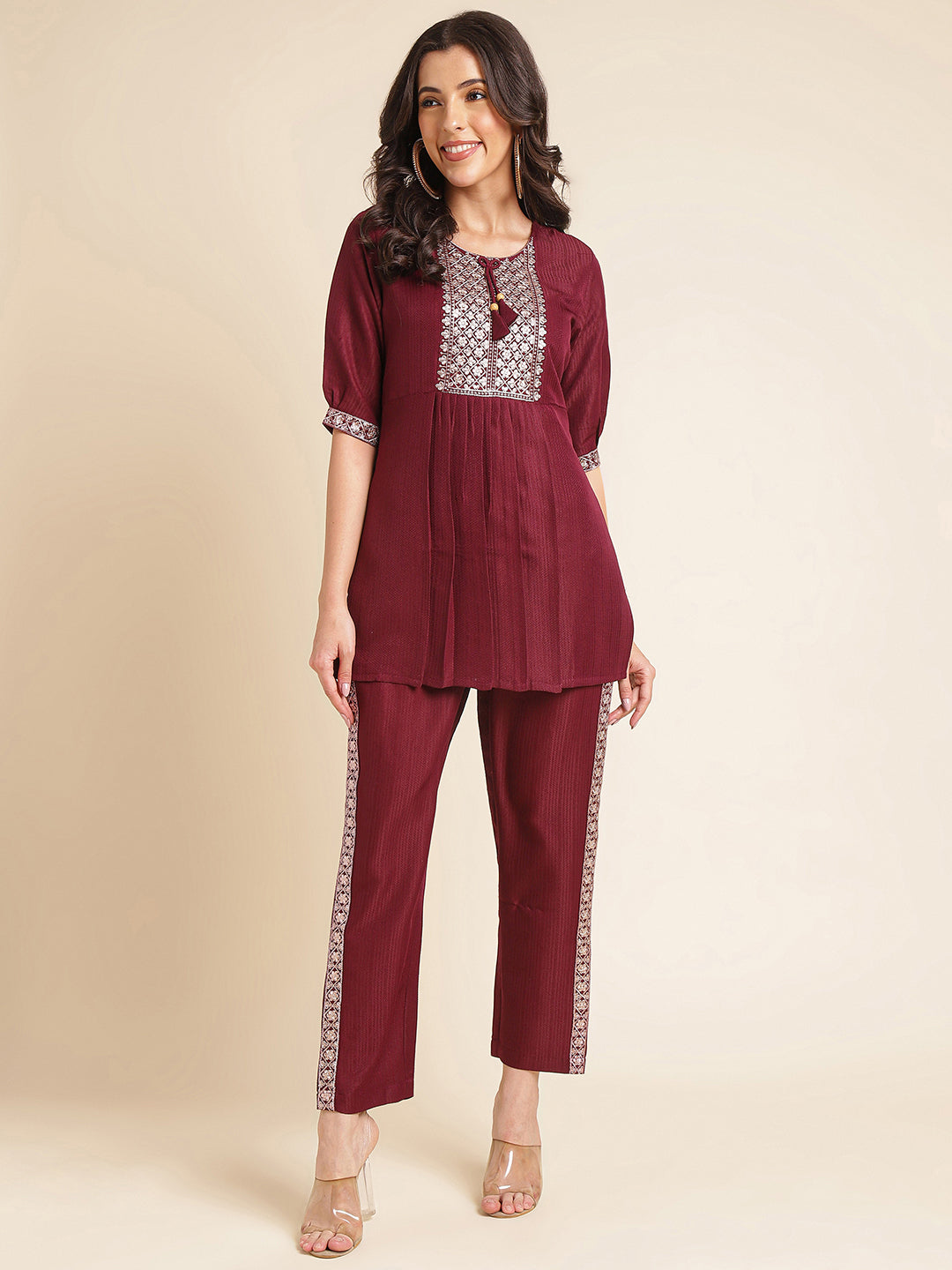 Maroon Embroidered Straight Round Neck Co-ord Set