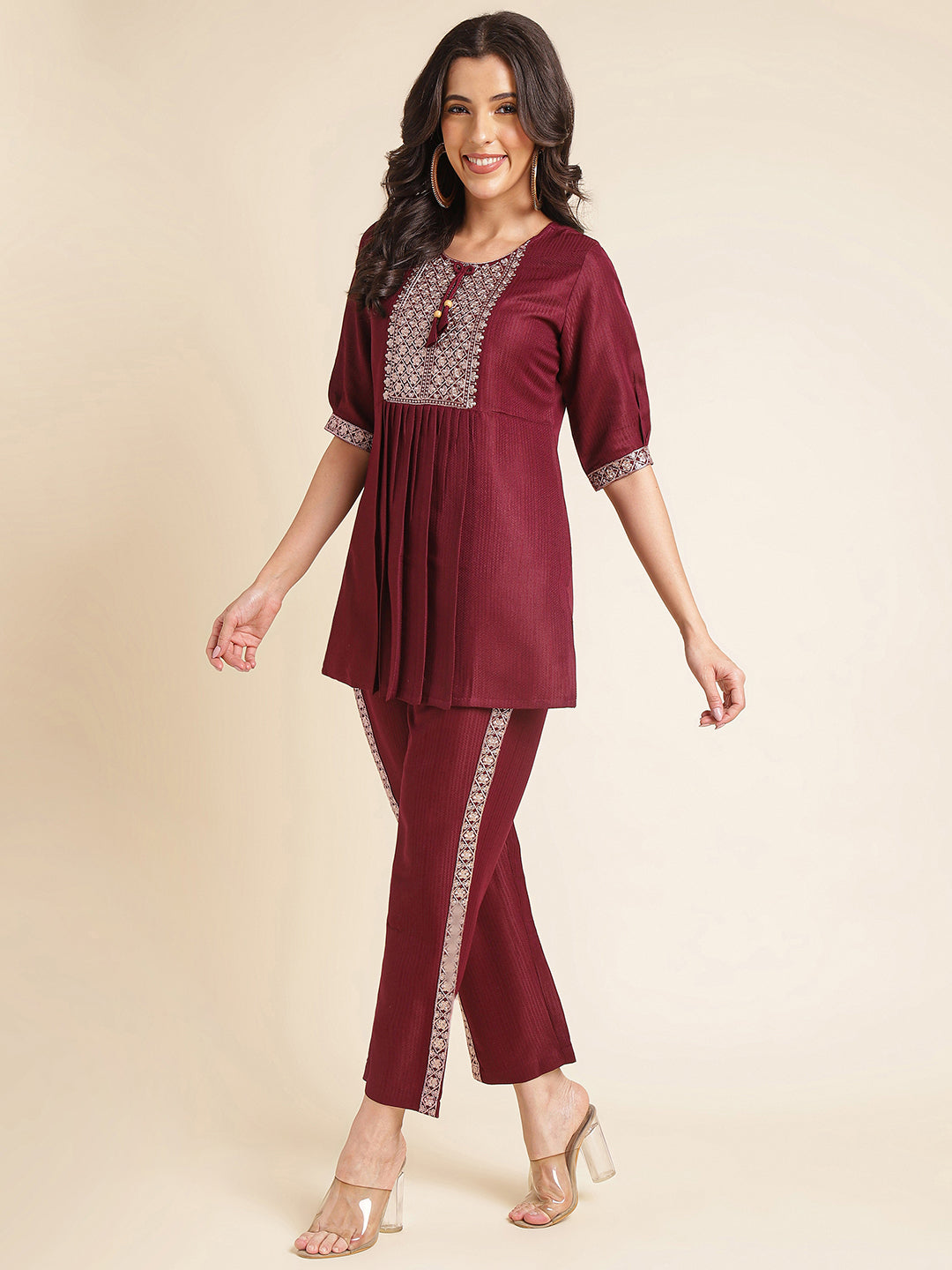 Maroon Embroidered Straight Round Neck Co-ord Set