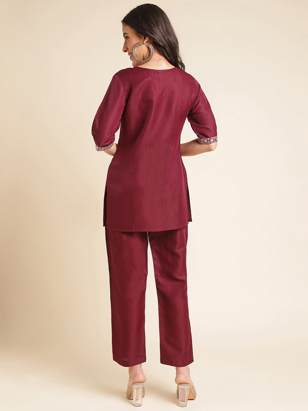 Maroon Embroidered Straight Round Neck Co-ord Set