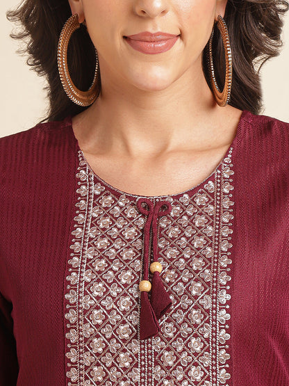 Maroon Embroidered Straight Round Neck Co-ord Set