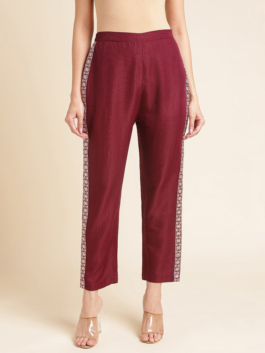 Maroon Embroidered Straight Round Neck Co-ord Set