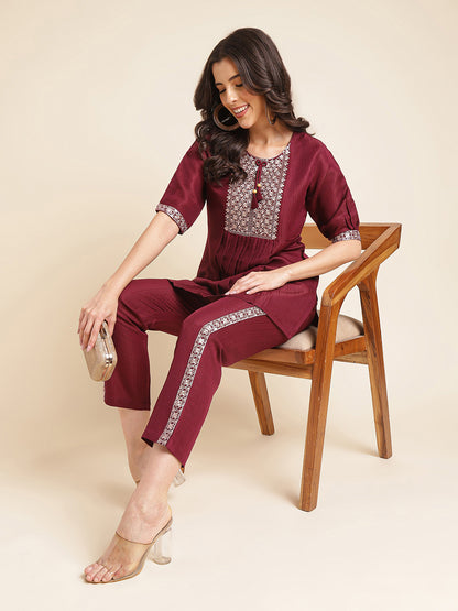 Maroon Embroidered Straight Round Neck Co-ord Set