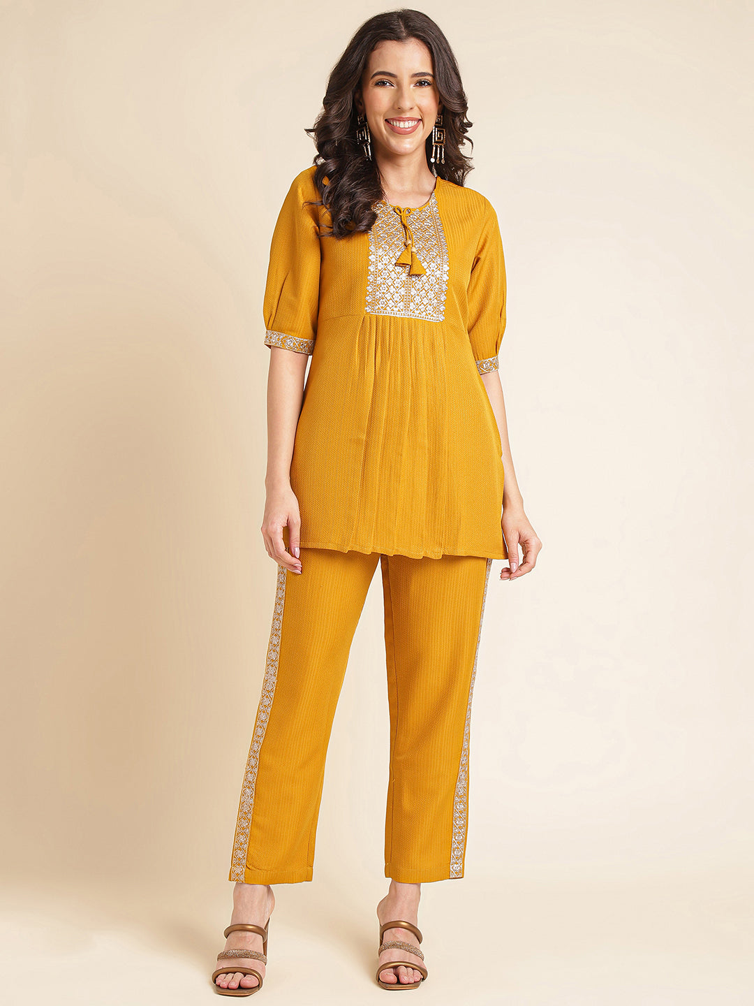 Yellow Embroidered Straight Round Neck Co-ord Set