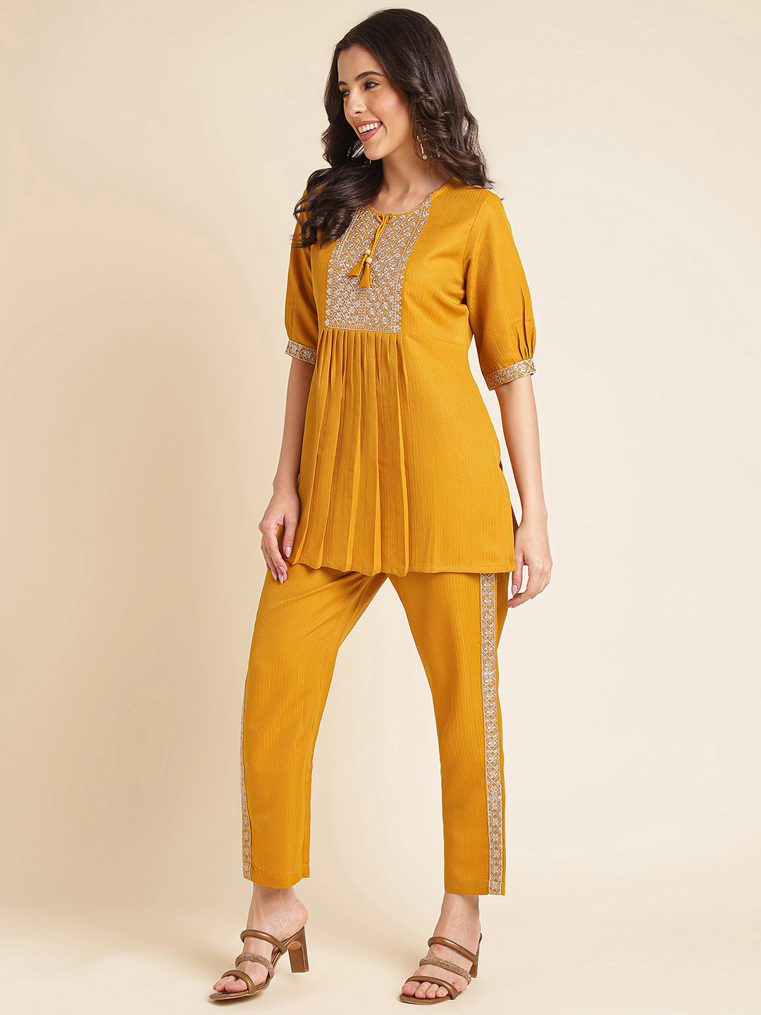 Yellow Embroidered Straight Round Neck Co-ord Set