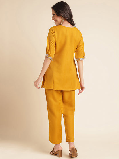 Yellow Embroidered Straight Round Neck Co-ord Set