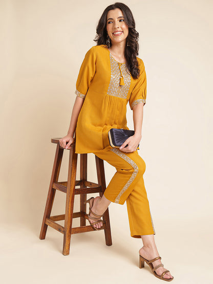 Yellow Embroidered Straight Round Neck Co-ord Set