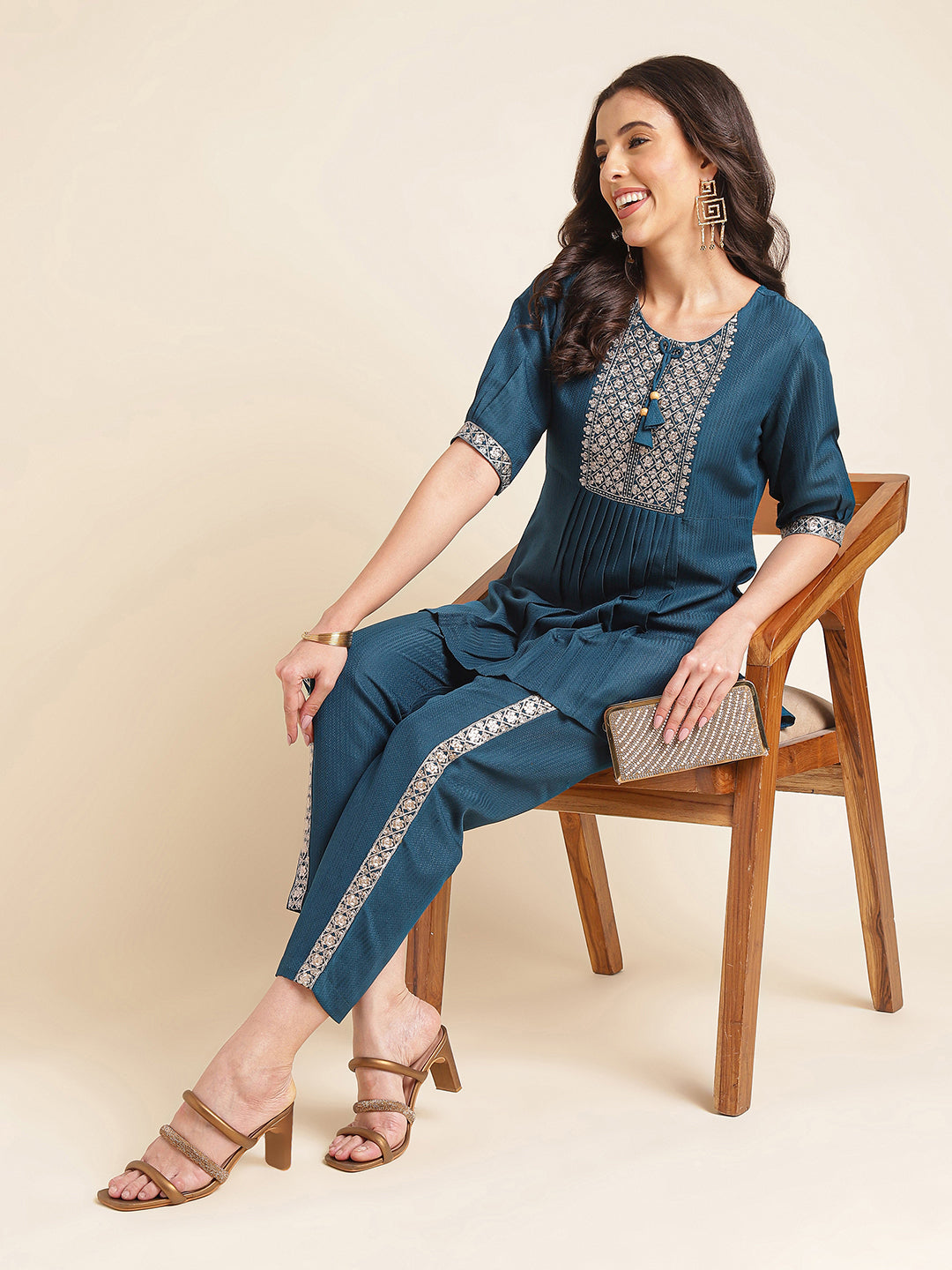 Blue Embroidered Straight Round Neck Co-ord Set