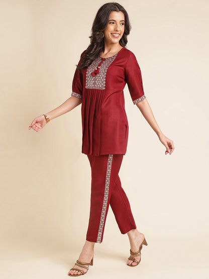 Red Embroidered Straight Round Neck Co-ord Set