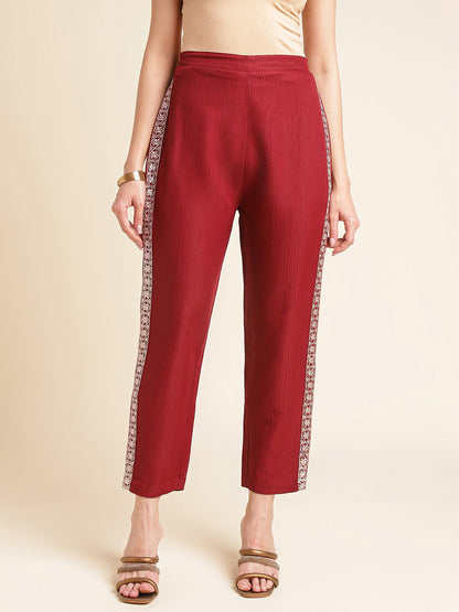 Red Embroidered Straight Round Neck Co-ord Set