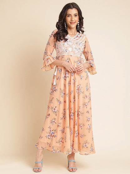 Peach  Printed & Embroidered Flared Georgette V-Neck Gown