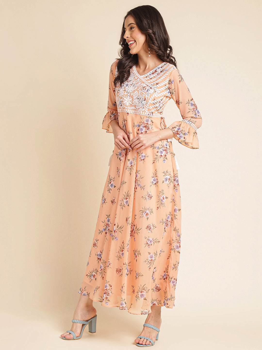 Peach  Printed & Embroidered Flared Georgette V-Neck Gown