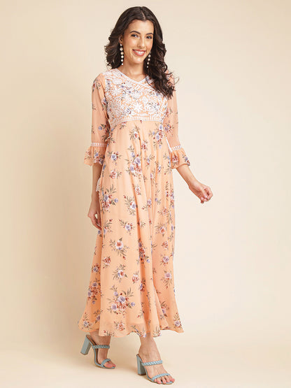 Peach  Printed & Embroidered Flared Georgette V-Neck Gown