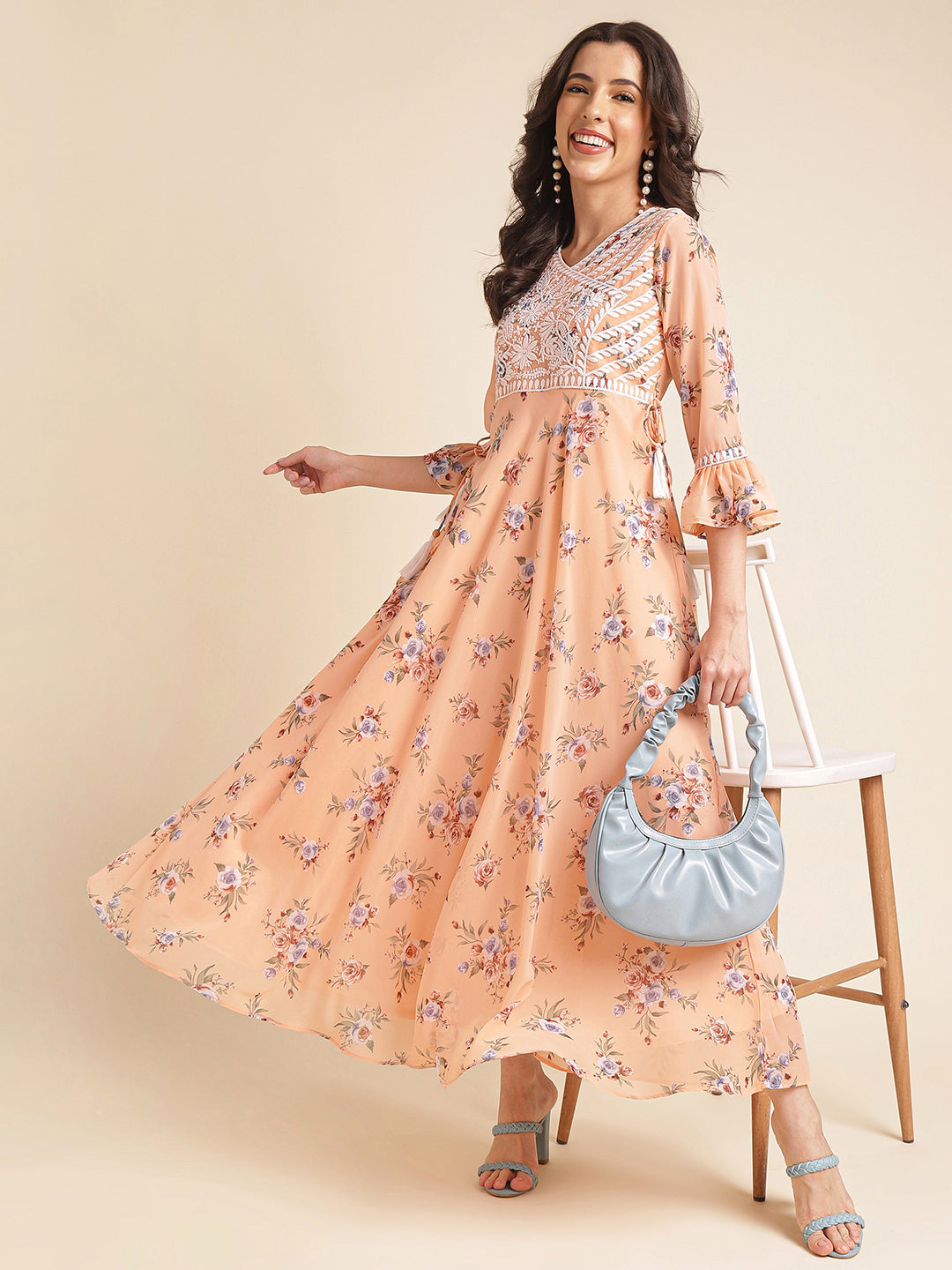 Peach  Printed & Embroidered Flared Georgette V-Neck Gown