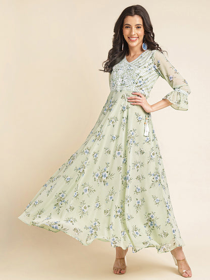 Green Floral Printed & Embroidered Flared Georgette Gown