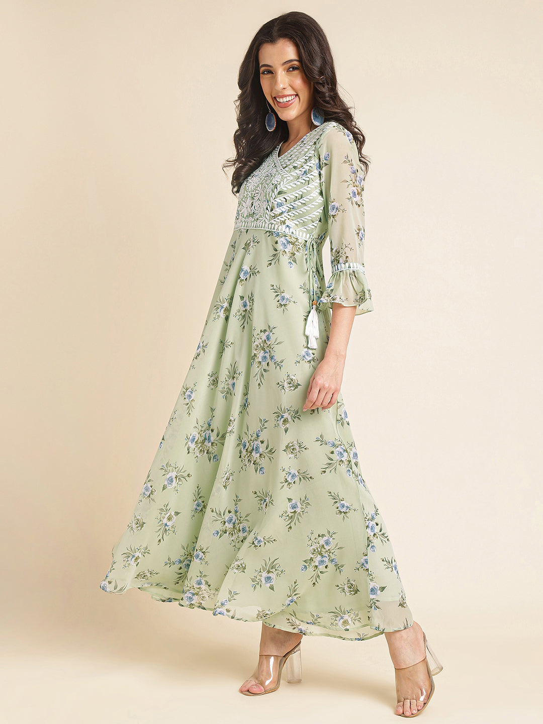 Green Floral Printed & Embroidered Flared Georgette Gown