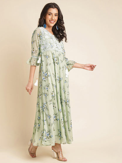 Green Floral Printed & Embroidered Flared Georgette Gown