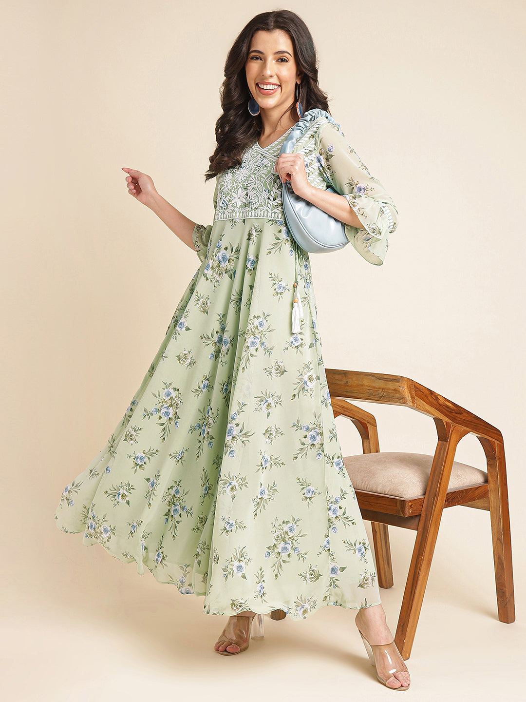 Green Floral Printed & Embroidered Flared Georgette Gown