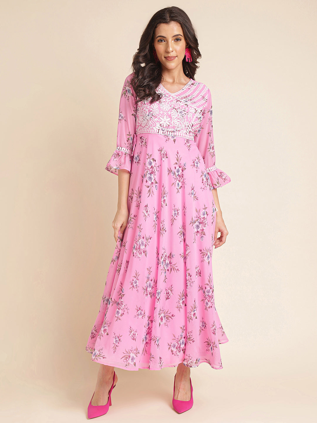 Baby Pink Printed Georgette Gown